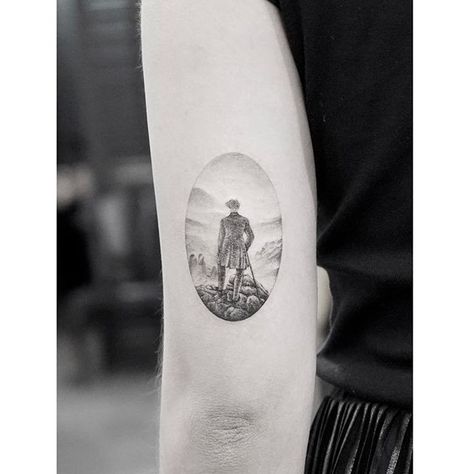 Wanderer above the Sea of Fog by Caspar David Friedrich. Sea Of Fog, David Friedrich, Single Needle Tattoo, Caspar David Friedrich, Face Photography, Little Tattoos, Tattoo Studio, New Tattoos, Body Art Tattoos