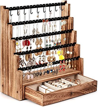 Amazon.com: Earring Organizer, 5 Layer Earring Holder Organizer with Metal Necklace Holder Pole, Rustic Wood Jewelry Organizer Stand Display for Stud Earring Bracelet Necklace Ring, 175 Earring Holes (Brown) : Clothing, Shoes & Jewelry Earring Holder Stand, Jewelry Holder Stand, Pine Jewelry, Jewelry Organizer Stand, Driftwood Jewelry, Earring Hole, Earring Display Stands, Diy Jewelry Display, Necklace Organizer