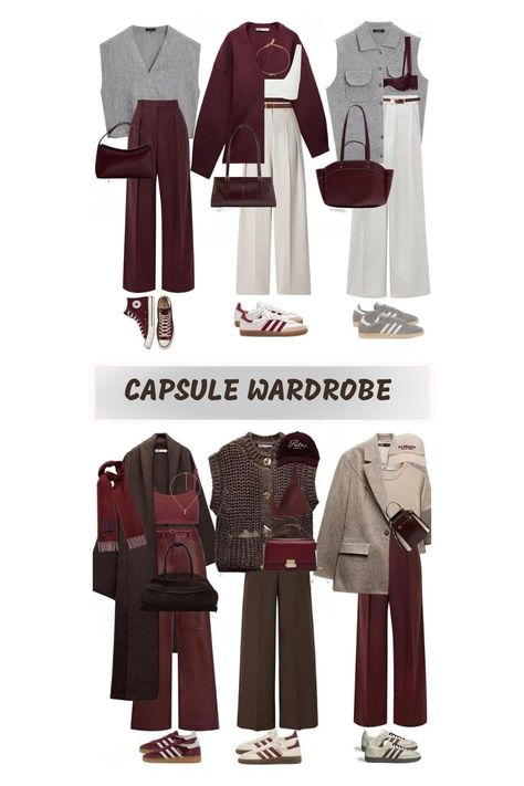 BURGUNDY | CHERRY | BEIGE | BROWN  COLOURS. OUTFITS | CAPSULE WARDROBE Cherry Pants Outfit, Wine And Brown Outfit, Burgundy Beige Outfit, Burgundy Capsule Wardrobe, Brown And Burgundy Outfit, Burgundy And Brown Outfit, Chinos Women Outfit, Brown Top Outfit, Bordeaux Outfit