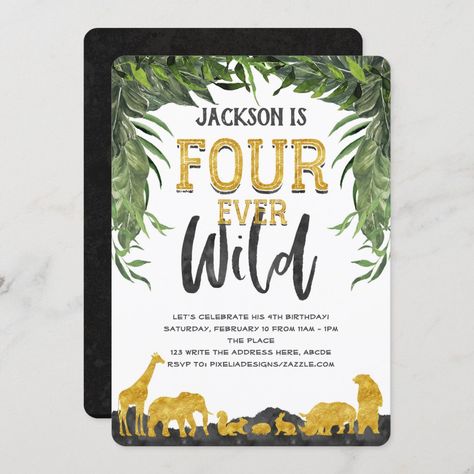 Fourever Wild, Four Ever Wild, 4th Birthday Invitation, Animal Invitation, Third Birthday Invitations, Baby Birthday Card, Wild One Birthday Invitations, Wild Jungle, Halloween Birthday Invitations