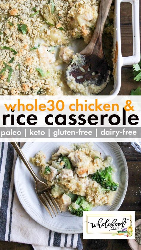 Whole30 Chicken and Rice Casserole - WholeFoodFor7 Chicken Brocolli Rice, Whole 30 Chicken, Whole30 Chicken, Chicken And Rice Casserole, Broccoli Rice Casserole, Chicken Rice Casserole, Budget Friendly Dinner, Rice Casserole Recipes, Frozen Cauliflower Rice