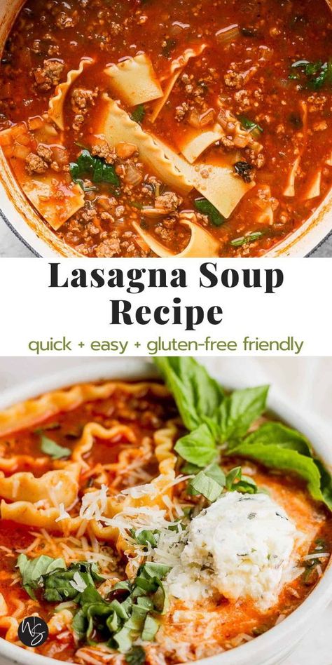 Lasagna Soup - a quick and easy recipe for making a flavorful homemade lasagna soup! Top it with our ricotta mixture and freshly grated parmesan cheese to bring even more great flavor. The whole family is going to love it! This recipe is gluten-free friendly. Lasagne Soup Recipe Vegetarian, Lasagna Soup Ground Beef, Ricotta Meal Ideas, Lasagna Soup Without Ricotta, Recipe For Lasagna Soup, Gluten Free Lasagna Soup Recipe, Gf Lasagna Soup, Gluten Free Lasagna Soup Crock Pot, Fall Dinner Ideas Gluten Free