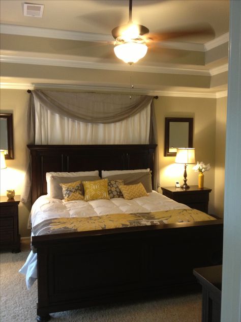 MASTER B Mirror behind night stand / curtains behind bed / white yellow grey. Our furniture is light alder wood but bed placement is the same. Curtain Over Bed, Master Headboard, Window Behind Bed, Curtains Behind Bed, Suite Rooms, Window Treatments Bedroom, Bedroom Curtains, Bedroom Remodel, Bedroom Window