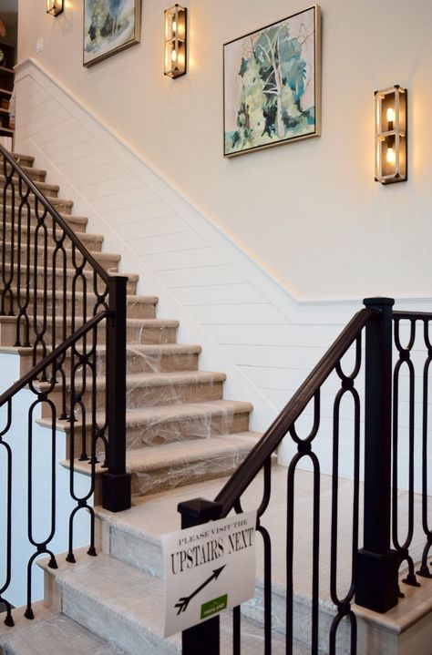 Shiplap on stairs with metal railing Shiplap Up Staircase, Staircase Focal Wall, Shiplap Stairs Wall, Shiplap On Stairs, Black Shiplap Staircase Wall, Shiplap On Stair Wall, Stairwell Shiplap, Shiplap Stairwell Wall, Stairs With Metal Railing