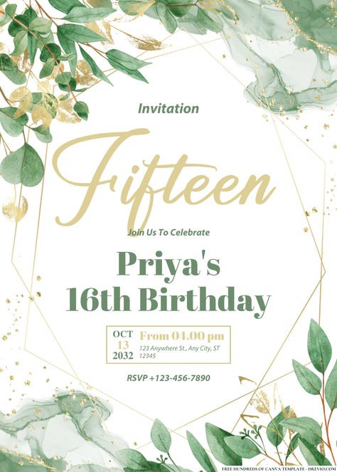 Get FREE PDF Invitation - Eucalyptus Green and Gold Leaves Birthday Invitations Planning a memorable birthday celebration starts with the perfect invitation. If you're envisioning a celebration that's both elegant and effortless, look no further than our Eucalyptus Green and Gold... Effortless Look, Diy Flower Crown, Eucalyptus Green, Free Printable Birthday Invitations, Invitation Maker, Free Printable Invitations, Birthday Template, Watercolor Invitations, Printable Birthday Invitations