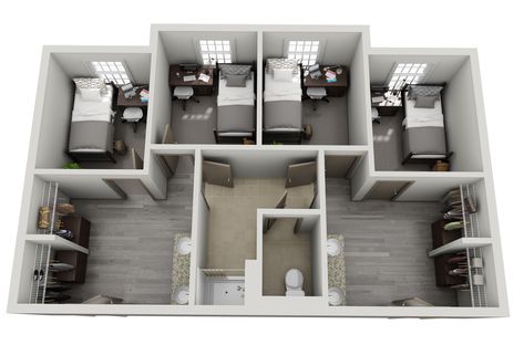 Renderings are an artist's conception and are intended only as a general reference.  Features, materials, finished and layout of subject unit may be different than shown.  3DPlans.com Dorm Layout, Hostel Design, Dorm Room Layouts, Modular Home Plans, Student Bedroom, Auditorium Design, Private Bedroom, Hostels Design, Dorm Apartment