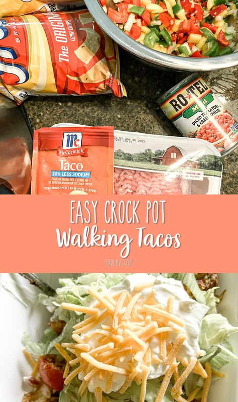 Easy crock pot walking tacos recipe Walking Tacos In Crockpot, Walking Taco Crockpot, Crockpot Walking Tacos With Fritos, Crock Pot Walking Tacos, Walking Taco Casserole Crock Pot, Walking Taco Crockpot Recipe, Crockpot Walking Tacos Crock Pot, Walking Tacos Crockpot, Rv Meals