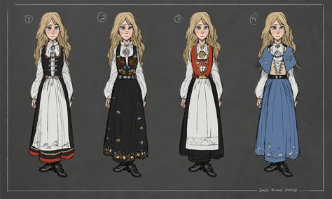 Bunad Dress, French Traditional Dress, Larp Crafts, Traditional French Clothing, Norway Clothes, Traditional German Clothing, Animation Clips, Swedish Dress, Norwegian Clothing