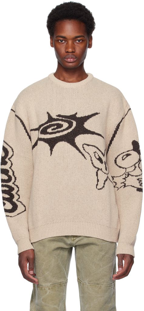 Knit wool- and silk-blend sweater. · Rib knit crewneck, hem, and cuffs · Jacquard graphic at front and sleeve · Jacquard logo at sleeve Supplier color: Beige Cute Mens Sweater, Knitted Sweater Streetwear, Men’s Knitwear, Knit Top Men, Graphic Sweater Outfit, Sweater Reference, Knitted Sweaters Men, Knitwear Streetwear, Beige Cartoon