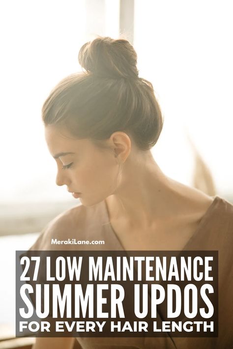 27 Low Maintenance Summer Updos for Every Hair Length | Beat the heat and stay stylish, trendy, and cute this summer! We're sharing the best easy updos for short, medium, and long hair with video tutorials showing you how to style them at home! Find your next go-to, humidity-proof and effortlessly chic hairstyle for the hot months like a sleek pony, braids, low buns, and more. These are perfect for simple and causal looks but also super easy to dress up formal for summer weddings and events! Summer Hair For Medium Length, Cute At Home Hairstyles, Summer Updos For Short Hair, Humid Hairstyles, Easy Updos For Medium Length Hair, Easy Hair Updos For Medium Hair, Pony Braids, Shoet Hair, Summer Updos