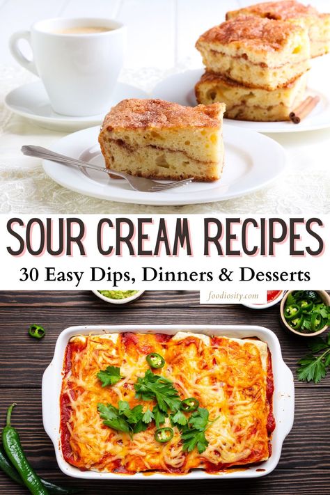 30 Sour Cream Recipes - Easy Dips, Dinners & Desserts - Foodiosity Sour Cream Recipes Easy, Sour Cream Veggie Dip, Leftover Sour Cream, Recipes Using Sour Cream, Cream Desserts Recipes, Lemon Sour Cream Pie, Sour Cream Uses, Sour Cream Desserts, Sour Cream Biscuits