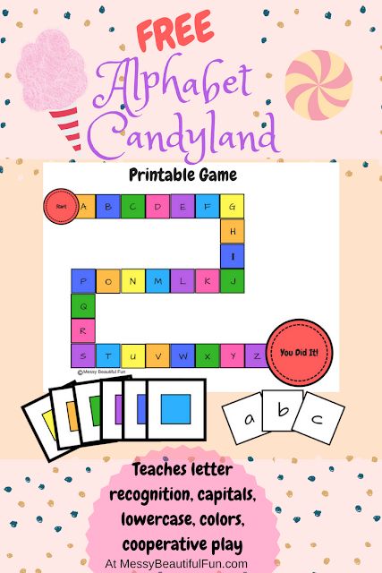 Messy, Beautiful, Fun: FREE Printable: Alphabet Candyland - Learning Upper and Lowercase Letters Through Play Letter Learning, Letter Learning Games, Kindergarten Letters, Abc Activities, Teaching Letters, Alphabet Activities Preschool, Upper And Lowercase Letters, Preschool Literacy, Preschool Letters