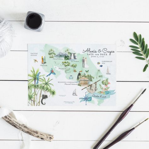 Destination Wedding Itinerary, Watercolor Save The Date, Map Invitation, Bachelor Party Invitations, Bachelorette Weekend Invitations, Wedding Announcement Cards, Costa Rica Wedding, Sea Wedding, Wedding Itinerary