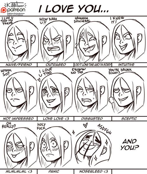 I LOVE YOU reactions by Kibbitzer Love Reaction Pics, Love Reaction, Oc Creation, Expression Challenge, Drawing Basics, Drawing Face Expressions, Drawing Faces, Drawing Expressions, Reaction Pics