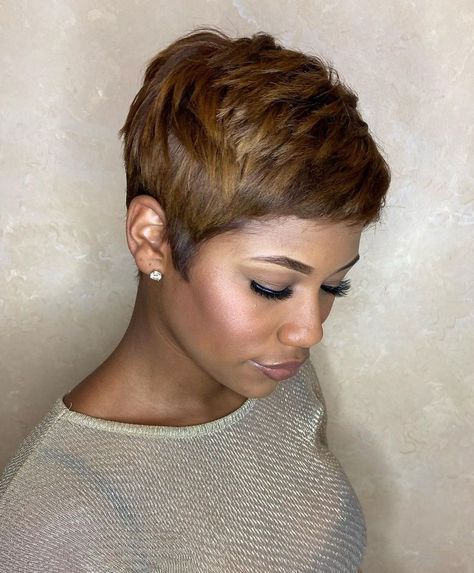 Color For Short Hair Black Women, Short Brown Pixie Haircuts, Chocolate Brown Pixie Haircut, Fall Pixie Hair Color Black Women, Ginger Pixie Cut Black Women, Mushroom Hairstyles Black Women, Brown Pixie Haircut Black Women, Brown Pixie Cut Black Women, Honey Blonde Pixie Haircut Black Women