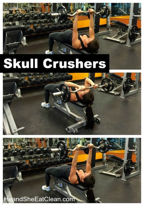 Looking for a great triceps exercise? Try skull crushers to sculpt your arms. #fitness #workout #weights #arms #heandsheeatclean Forearm Workout At Home, Skull Crushers, Workout Pics, Sweat Workout, Muscle Building Workouts, Gym Routine, Exercise Tips, Triceps Workout, Tips For Women