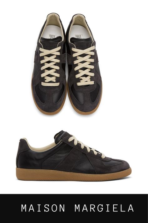 Maison Margiela Black Replica Sneakers. Low-top panelled buffed calfskin and suede sneakers in black. Round toe. Lace-up closure in off-white. Replica Sneakers, Summer Outfits Men, Suede Sneakers, Black Sneakers, Outfits Men, Winter 2024, Front Row, High Top, Low Top