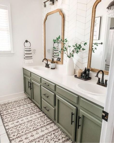 Sherwin Williams Contented (Palette, Coordinating & Inspirations) Spring Bathroom, Green Bathroom Vanity, Bathroom Ideas Small, Small Bathroom Ideas On A Budget, Tiny Bathrooms, Bathroom Inspiration Decor, Apartment Bathroom, Asian Decor, Small Bathroom Ideas