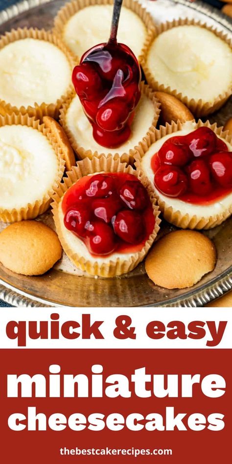 Learn how to make mini cheesecake cups with an easy cookie crust. There are endless topping ideas for these creamy cheesecakes. Cheesecake Tarts With Vanilla Wafers, Mini Cherry Cheesecakes Vanilla Wafers, Cherry Cream Cheese Tarts, Muffin Pan Cheesecake Recipes, Mini Muffin Cheesecake Bites, Cheesecake Mini Cups, Cheesecake Recipes Mini, Individual Cheesecake Cups, Cherry Cheesecake Cups