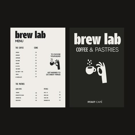 Brand identity for Brew Lab cafe. Elevate your coffee experience☕️ Cafe Brand Identity Design, Menu Coffee Design, Coffee Brand Identity, Menu Design Cafe, Coffee Shop Marketing, Cafe Branding Identity, Cafe Flyer, Native Cafe, Coffee Brand Design