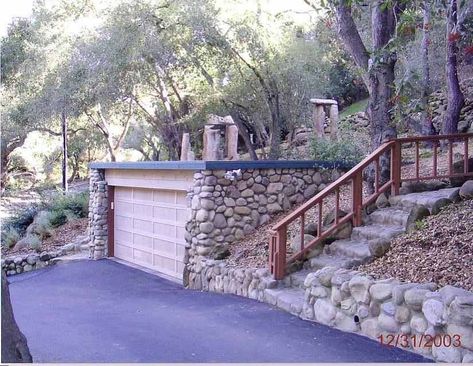 I've always liked hillside garages. Garage Built Into Hillside, Hillside Garage, Built Into Hillside, Hillside Deck, Building A Garage, Garage Addition, Garden Garage, Underground Garage, Garage Apartment Plans