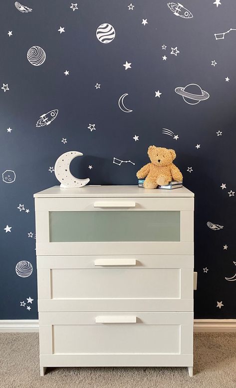 Shoot for the Moon, even if you miss you will land among the stars and planets with our "Space" Wall Decals. Our affordable decals are easy to use and provide a big impact in a short amount of time!  Transfer tape is included to help make the planning and application process as easy as possible. The individual decals can be as placed as close together or as far apart as you want to create your own unique and dreamy space.   PACK DETAILS     ● Small Pack - 36 decals-$27      ● Medium Pack - 72 de Boy Nursery Space Theme, Alien Nursery, Toddler Space Room, Wall Stickers Nursery, Space Wall Decals, Outer Space Nursery, Dreamy Space, Toddler Bedroom, Modern Kids Room