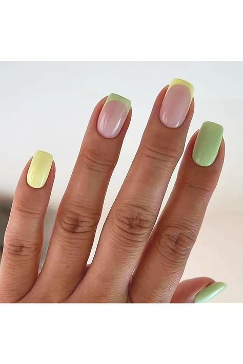 French Tip Press on Nails Medium Square Fake Nails Green and Yellow False Nails with Design Glossy Acrylic Nails Full Cover Stick on Nails Cute Press on Nails Artificial Nails for Women 24Pcs Nails Green And Yellow, Green Yellow Nails, Yellow Green Nails, Green And Yellow Nails, Fake Nails Green, Glossy Acrylic Nails, Shower Nails, Cute Press On Nails, Nails Medium Square