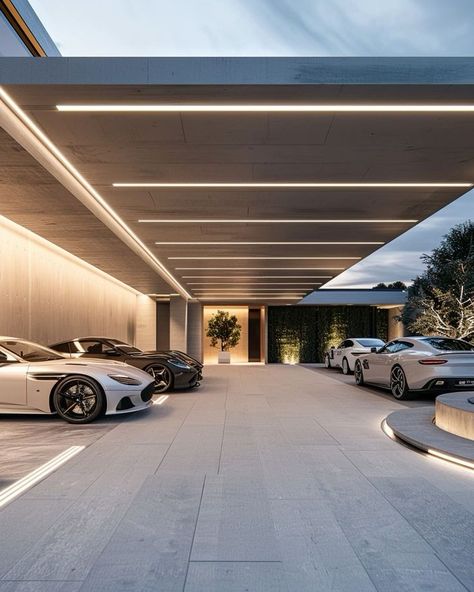 Dream Car Garage Luxury, Luxury Car Parking Garage, Luxury Carport Design, Luxury Car Garage Design Dream Houses, Garage Luxury Design, Luxury Parking Garage, Big Garage House, Carporch Design Modern, House Car Parking Design