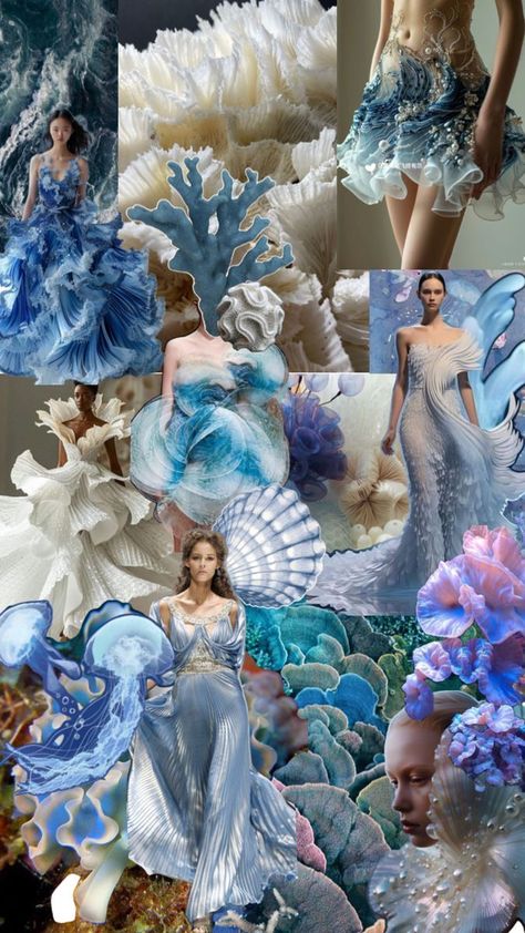 Jellyfish Dress Fashion, Ocean Fashion Design, Textile Design Sketchbook, Sea Inspired Fashion, Basic Blouse Designs, Junk Kouture, Fashion Design Inspiration Board, Mood Board Fashion Inspiration, Fashion Show Themes