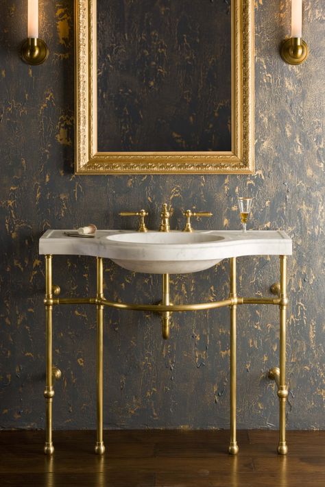 4-Leg Curved Console shown in Brass with Carrara Marble Sink. Available at Renaissance in Old Town. Stone Forest, Towel Bar Bathroom, Custom Sinks, Console Sink, Stil Industrial, Honed Marble, Marble Sinks, Gorgeous Bathroom, Pedestal Sink