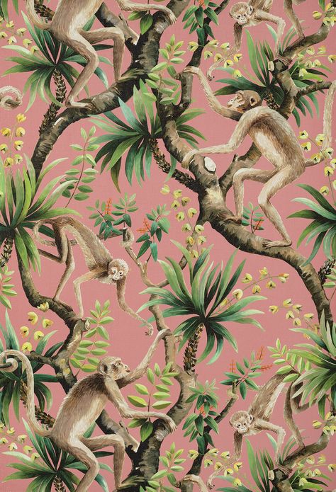 Business Wallpaper, Monkey Statue, Peacock Wallpaper, Monkey Pattern, Jungle Room, Monkey Business, Tropical Foliage, Vinyl Wallpaper, Wall Covering