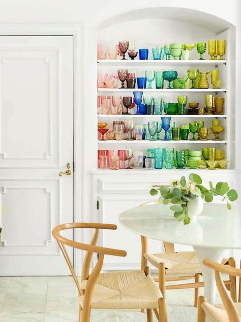 Creative Ways to Infuse Rainbow Into Any Space | HGTV White And Rainbow Aesthetic, Rainbow Interior Design, Glassware Display, Kitchen Improvements, Deco Studio, Modern Rustic Homes, Rainbow Room, Design 101, Colored Glassware