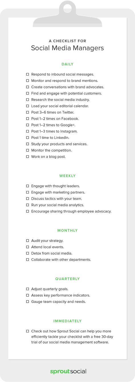 A complete list of social media tasks and projects, placed onto a downloadable checklist for daily, weekly, monthly schedules. Social Media Manager Checklist, Social Media Checklist, Social Media List, Strategy Template, Marketing Statistics, Whatsapp Marketing, Desain Editorial, Marketing Specialist, Stephen Covey