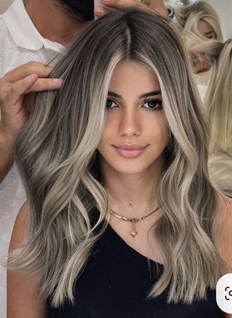 Jessi Ngatikaura Hair, Dark Brown Ash Blonde Balayage, Dimensional Blonde Balayage On Dark Hair, Ash Brown Balayage On Brown Hair, Ash Blonde Dimensional Hair, Ash Brown Hair Balayage Blonde, Chocolate Brown Hair With Blonde Streaks, Fair Skin Brown Eyes Hair Color, Greyish Blonde Highlights