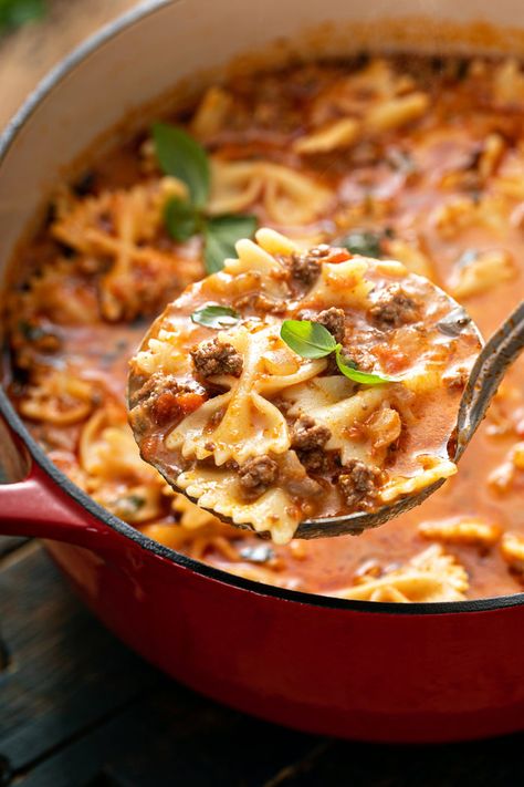 Lasagna Soup | My Baking Addiction Cooking Classy Lasagna Soup, Lasagna Soup Bowtie Pasta, Bow Tie Soup Recipes, Crockpot Pasta Soup Recipes, Lasagna Soup With Bow Tie Pasta, Bowtie Pasta Soup, Chicken Lasagna Soup Recipes, Ground Beef Pasta Soup, Lasange Recipe Soup