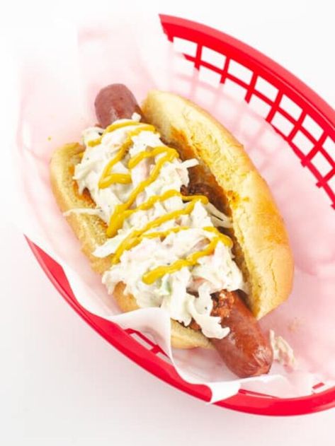 How To Make Southern Hot Dog Slaw - Smart Savvy Living Hot Dog Slaw, Hot Dog Slaw Recipe, Vinegar Slaw, Best Coleslaw, Best Coleslaw Recipe, Coleslaw Recipes, Southern Deviled Eggs, Cold Side Dishes, Corndog Recipe