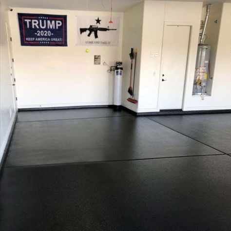 This black polyaspartic garage floor coating has black pigment and a full broadcast of all black flooring chips applied in Phoenix, Arizona. #blackgaragefloor #blackpolyasparticgaragefloor #blackpolyasparticwithchips #blackgaragefloor #mancave #entertainment #cars #trump #comeandtakeit Polyaspartic Garage Floor, Black Garage Interior Walls, Black Epoxy Garage Floor, Black Garage Interior, Black Epoxy Floor, Black Garage Floor, Black Flooring, Mud Room Garage, Black Garage