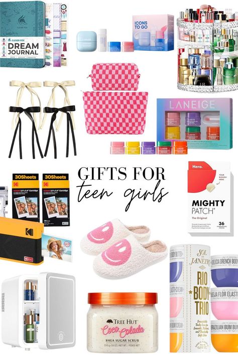 Collage of gifts for teen girls and tweens including: Tree Hut, slippers, sol de janeiro, Laneige, cosmetic organizers, a Kodak mini printer and more Teen Birthday Basket Ideas, Presents For Teenage Girls Gift Ideas, Gift Baskets For Teenage Girl, What To Get Teen Girls For Christmas, Stocking Stuffers For Teenage Girl, Teen Gift Basket Ideas, Christmas Gifts For Teenage Girls Ideas, Christmas Ideas For Teenage Girl, Gifts For Teenagers Girls Ideas