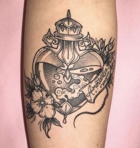 #fanfiction Potion Bottle Tattoo, Rib Tattoos Words, Harry Tattoos, Quote Tattoos Girls, Optical Illusion Tattoo, Occult Tattoo, Bottle Tattoo, Faith Tattoo, Witch Tattoo