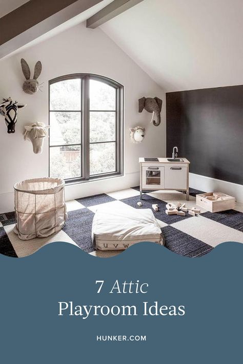 Playroom Above Garage Ideas, Vaulted Ceiling Playroom, Finished Attic Playroom, Vaulted Playroom, Attic Playroom Ideas Sloped Ceiling, Kids Attic Playroom, Attic Playroom Ideas, Bonus Room Playroom, Playroom Layout