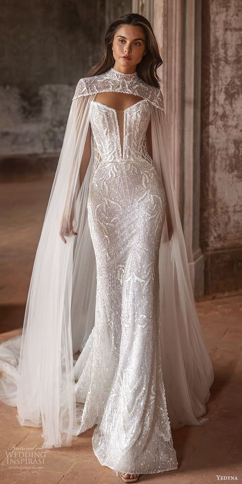 Yedyna 2024 Wedding Dresses — “Divine Allurement” Bridal Collection | Wedding Inspirasi -  #Allurement #Bridal #Collection #Divine #Dresses #Inspirasi #Wedding #Yedyna Wedding Dress Cold Weather, Warrior Wedding Dress, Two In One Wedding Dress, Wedding Jumpsuit The Bride, Wedding Dresses Elegant Classy, Wedding Ceremony Dress, Wedding Dress Cape, Wedding Cape Veil, Tattooed Bride