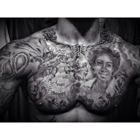 Chest Tattoo, Black and grey, portrait, rose Mens Full Chest Tattoo, Chest Portrait Tattoo, Chest Tattoo Ideas For Men, Best Chest Tattoos For Men, Best Chest Tattoos, Chest Tattoos For Men, Rose Chest Tattoo, Full Chest Tattoos, Harry Tattoos