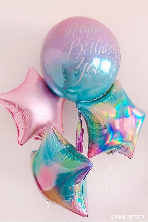 Pastel Theme Party, Kristina Webb, Tie Dye Party, Rainbow Parties, Rainbow Balloons, Birthday Balloon Decorations, Blue Foil, Mylar Balloons, Balloon Decorations Party