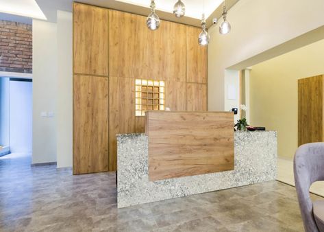 Quartz | Inspiration Gallery | FloForm Countertops Reception Desk Ideas, Hanstone Quartz, Commercial Space Design, Countertop Design, Italian Lighting, Desk Ideas, Commercial Space, Reception Desk, Solid Surface