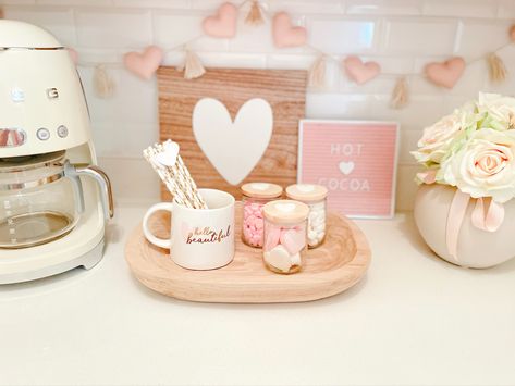 Coffee Bar Valentines Decor, Aesthetic Hot Cocoa Bar, Coffee Bar Ideas Valentines Day, Valentines Day Coffee Bar Decor, Valentines Coffee Bar Decor, Valentine Coffee Bar Ideas, Valentines Hot Cocoa Bar, Valentines Coffee Bar, Bar Signage