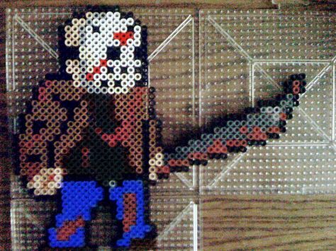 Jason Perler by GeneralHound.deviantart.com on @DeviantArt Mf Doom Perler Beads, Perler Decor, Melty Bead Designs, Perler Bead Mario, Wire Creations, Pixel Beads, Melty Bead Patterns, Pearl Beads Pattern, Perler Art