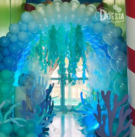 Atlantis Birthday Theme, Aquatic Decorations Party, Aquanauts Birthday Party Ideas, Into The Deep Birthday Party, Under The Sea Arch, Elegant Under The Sea Theme, Under The Sea Event Decor, Under The Sea Decorations Diy Ocean Themes, Marine Biology Birthday Party