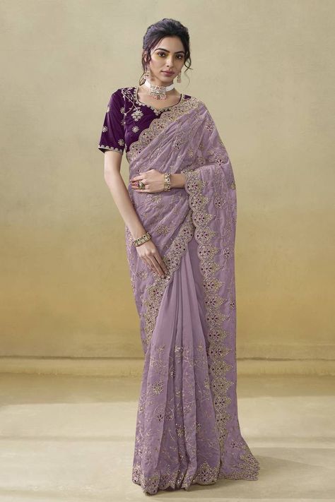 Light Purple Saree, Purple Saree Blouse, Purple Organza Saree, Purple Sarees, Wedding Wear Saree, Antique Jewellery Online, Purple Saree, Wedding Sarees, Designer Sarees Online