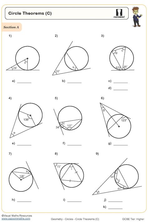 Enhance your students' understanding of circle theorems with this comprehensive Circle Theorems Worksheet. This educational resource focuses on the theorems derived from tangents intersecting circles, offering a valuable learning experience for students. Ideal for math teachers looking to reinforce geometric concepts in an engaging way, this worksheet is designed to support student mastery of circle theorems and enhance problem-solving skills. Empower your classroom with targeted practice that p Year 9 Maths Worksheets, Ks3 Maths Worksheets, Year 8 Maths Worksheets, Ks1 Maths Worksheets, Year 6 Maths Worksheets, Year 7 Maths Worksheets, Year 5 Maths Worksheets, Year 4 Maths Worksheets, Year 1 Maths Worksheets