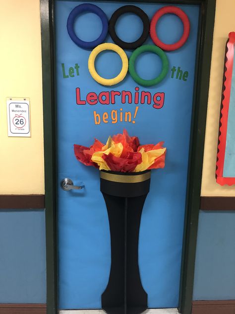 School Olympics Decorations, Olympics Door Decor, Olympic Theme Door Decorations, Olympic Door Decorations, Olympic Theme Classroom Door, Olympic Classroom Door, Olympic Decorations Classroom, Olympic Door Decorations For School, Olympic Theme Bulletin Board Ideas